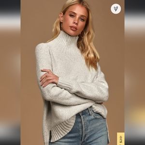 Lulu's Warmed Up Heather White Long Sleeve Turtleneck Sweater
